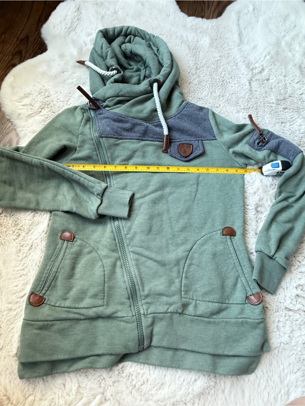 Wanakome Green and Gray Hooded Pullover with Brown Leather Accents